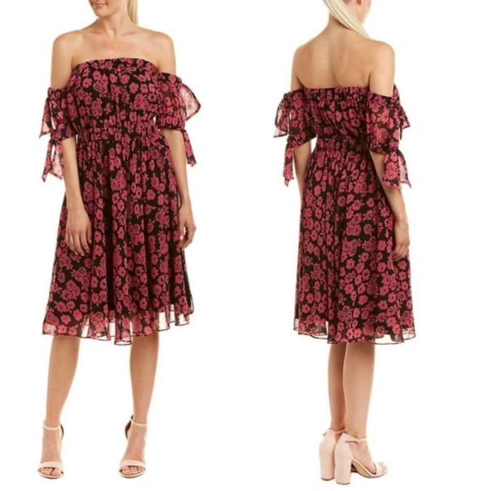 NWT MILLY Zoey Off the Shoulder Pink Black Floral Midi Dress | Size 2